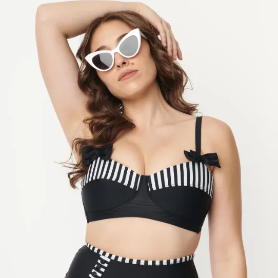 UNIQUE VINTAGE BOW STRAP STRIPE BIKINI TOP