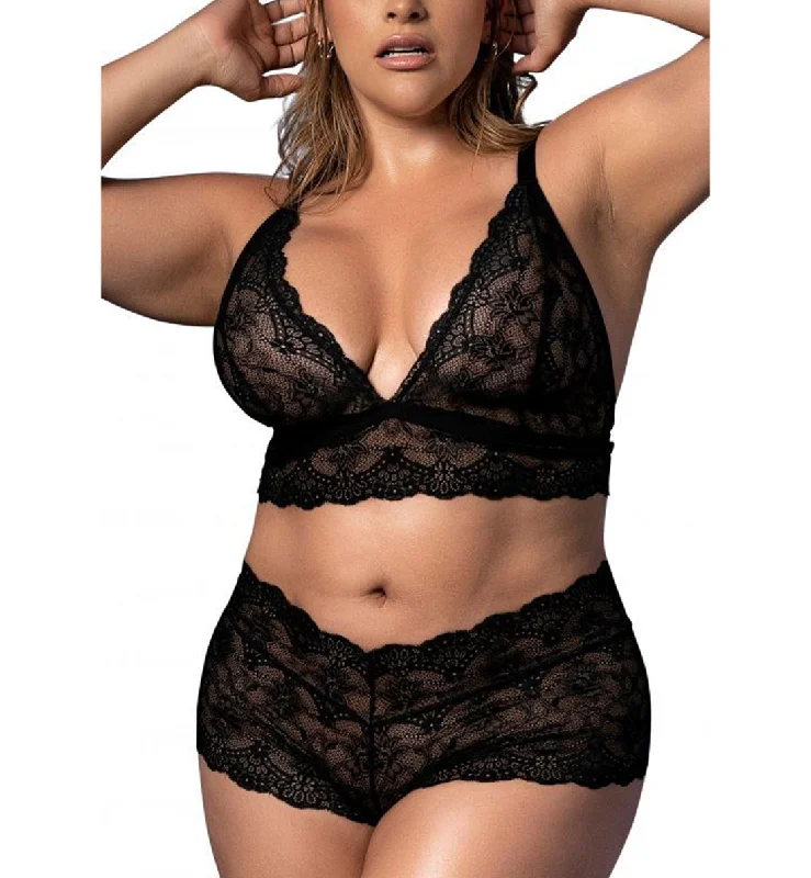 Mapale 2pc Set PLUS: Lace Plunge Bralette, High Waist Cheeky Panty (8638X) - Black