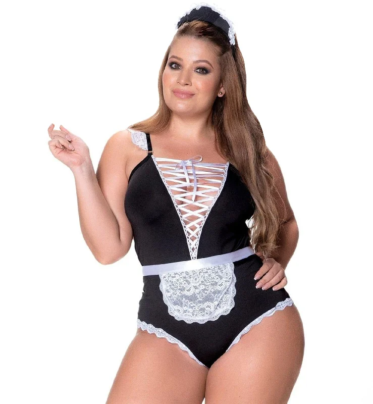 Mapale 3pc French Maid Set PLUS: Bodysuit, Apron, Headpiece (6414X) - Black