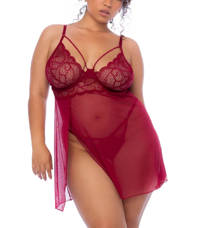 Mapale Enticing Glamour Babydoll with Thong PLUS (7555X) - Rosewood