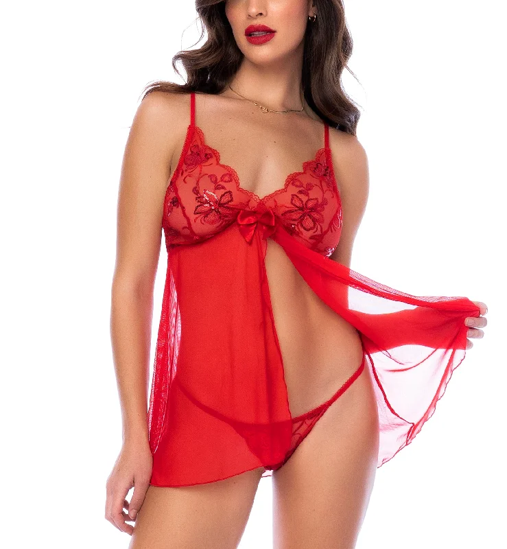 Mapale Sheer Babydoll with Matching Thong (7559) - Red