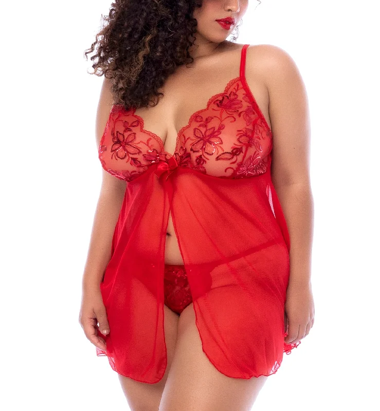 Mapale Sheer Babydoll with Matching Thong PLUS (7559X) - Red