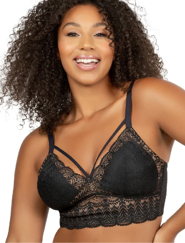 Parfait Mia Lace Dot Bra Wirefree Padded Mesh Bralette, Black | Black Lace Bralette Bra | Lace Longline Bras