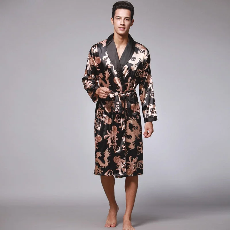 Men Silk Satin Golden Bath Robe