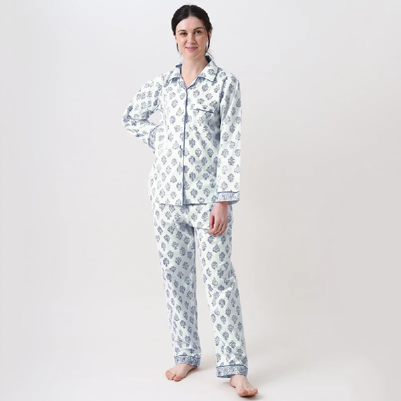 Women Madison Blockprint Pajama Set (Indigo)